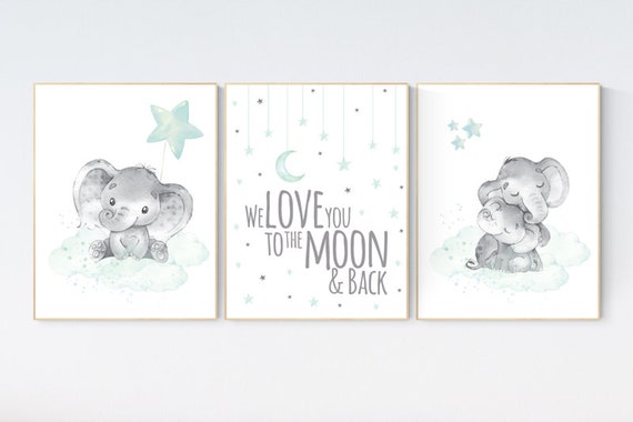 We love you to the moon and back, Elephant nursery art, elephant nursery print, mint nursery decor, gender neutral, aqua, moon and stars
