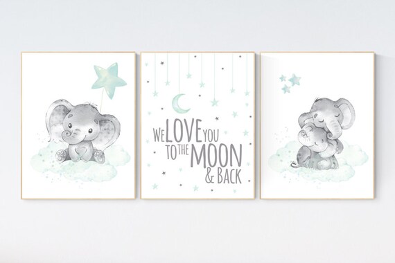 We love you to the moon and back, Elephant nursery art, elephant nursery print, mint nursery decor, gender neutral, aqua, moon and stars