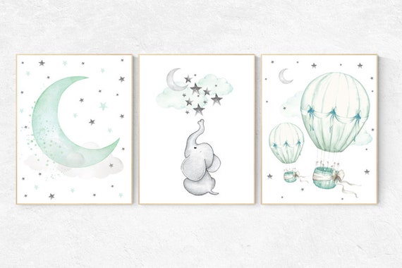 Nursery decor elephant, Mint nursery decor, hot air balloon, gender neutral nursery, nursery decor turquoise, mint green nursery wall art