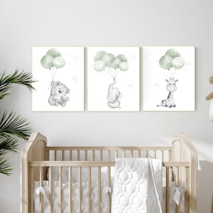 Nursery wall art animals, green nursery, gender neutral nursery, sage green, baby room decor, bear, elephant, giraffe, animal prints