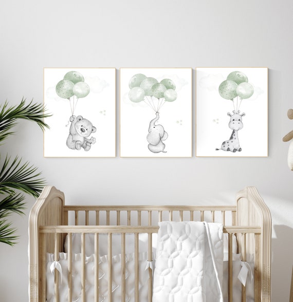 Nursery wall art animals, green nursery, gender neutral nursery, sage green, baby room decor, bear, elephant, giraffe, animal prints