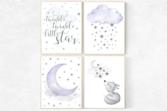 Nursery decor girl fox, purple nursery, lavender, lilac, twinkle twinkle little star, cloud and stars nursery wall art, baby room decor