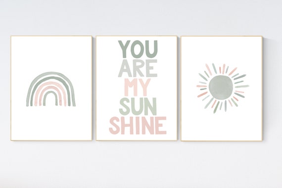 Rainbow nursery, sage green and blush pink, nursery wall decor, rainbow nursery, you are my sunshine, green and pink