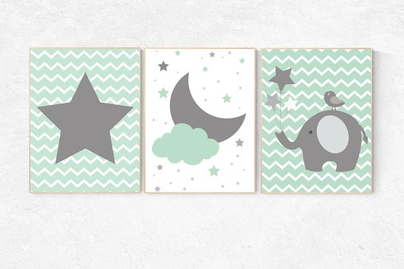 Mint nursery decor, elephant nursery, nursery decor elephant, cloud and stars, nursery decor boys teal, gender neutral nursery, mint gray