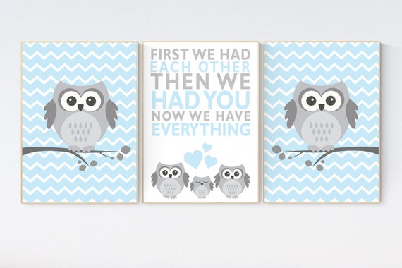 Owl nursery art, Blue gray nursery, nursery decor boys, first we had each other, owl nursery, baby blue nursery, nursery decor owl, grey