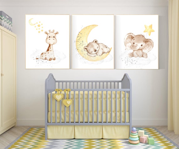 Nursery decor neutral, Yellow gray nursery, animal prints for nursery, elephant, giraffe, bear, moon, stars, gender neutral, yellow and gray