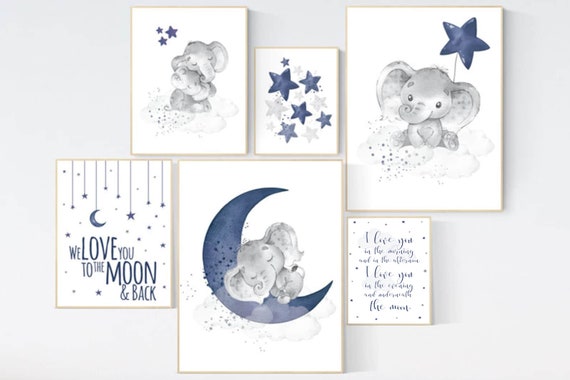 Nursery decor boy elephant, nursery wall art boy, navy Blue, moon and stars, navy nursery, boy nursery decor, elephant nursery art, star