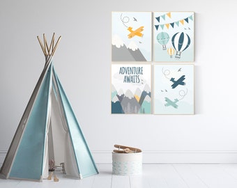 Adventure Awaits Nursery Print: Mountain, Airplane, Hot Air Balloon