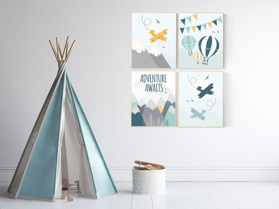 Nursery decor boy adventure, nursery decor boy prints, mountain print nursery, adventure awaits, adventure nursery decor, hot air balloon