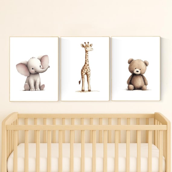 Beige Safari Animal Nursery Prints: Elephant, Giraffe, Bear