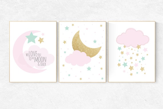 Pink mint gold nursery decor, nursery wall art girl, nursery decor pink and gold, cloud and stars, baby room prints, gold nursery, baby room