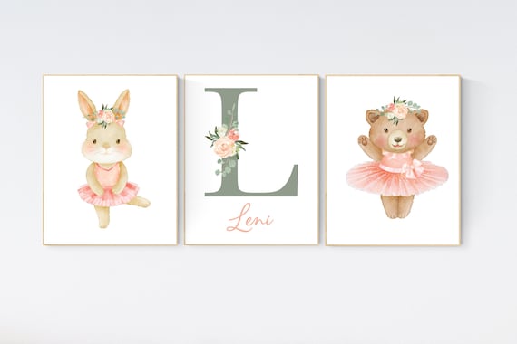 Ballerina animals, baby room decor girl, Elephant nursery, bunny nursery, bear nursery, nursery prints girl, ballet prints, ballet animals