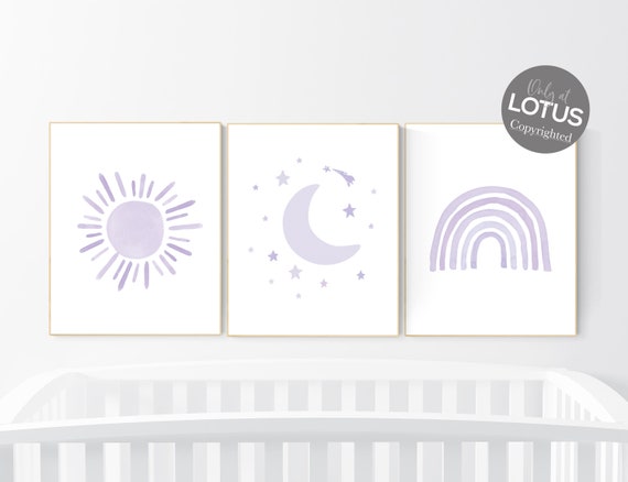 Nursery prints rainbow, Nursery decor girl, nursery wall art, purple, lavender, moon star, cloud, nursery wall art, rainbow, lilac, girls