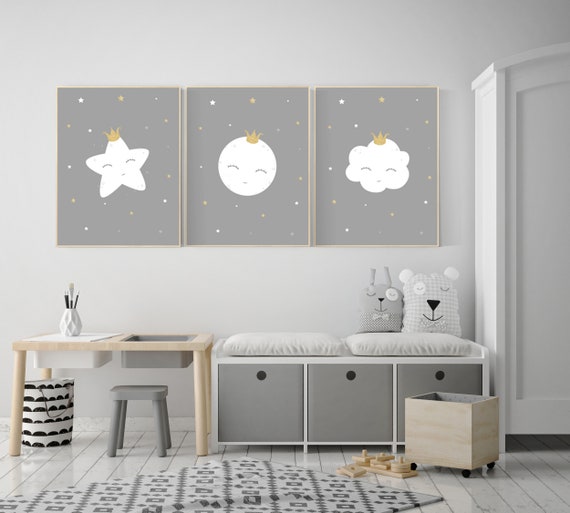 Nursery wall art grey, gray nursery, nursery decor neutral, baby room decor gender neutral, moon and stars, grey nursery decor baby room art