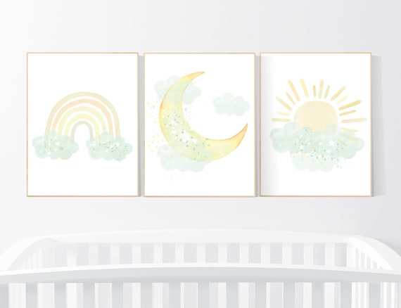 Mint and yellow nursery, moon and stars nursery, gender neutral nursery, nursery wall decor, rainbow, sun, mint yellow nursery prints