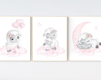 Lamb nursery, nursery wall art girl, Sheep nursery decor, sheep nursery art set, nursery decor girl farm, lamb nursery art, pink grey