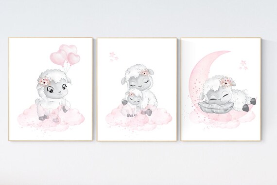 Lamb nursery, nursery wall art girl, Sheep nursery decor, sheep nursery art set, nursery decor girl farm, lamb nursery art, pink grey