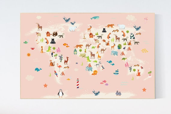 Nursery world map, Animal world map, animal map nursery, Animals map, animal map of the world, nursery decor girl, animals of the world