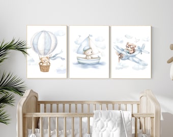 Blue Bear Nursery Art Set: Hot Air Balloon, Boat & Plane Prints