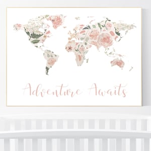 Floral World Map, Girl Nursery Decor, Travel Nursery Art, floral Nursery Print,  blush nursery, Nursery baby girl room, Adventure Awaits