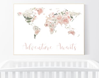 Floral World Map, Girl Nursery Decor, Travel Nursery Art, floral Nursery Print,  blush nursery, Nursery baby girl room, Adventure Awaits