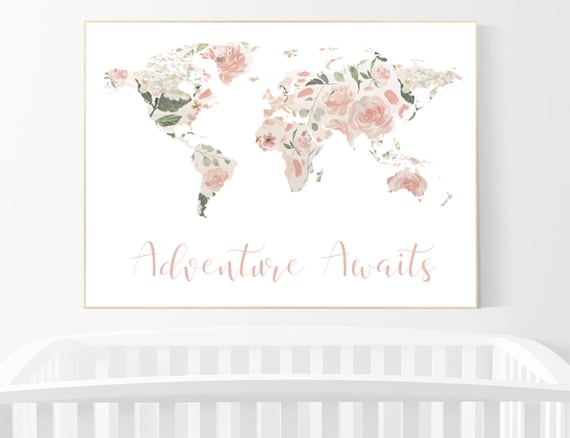 Floral World Map, Girl Nursery Decor, Travel Nursery Art, floral Nursery Print,  blush nursery, Nursery baby girl room, Adventure Awaits