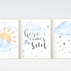Decoração de berçário com tema de sol: impressão de parede com nuvens e sol