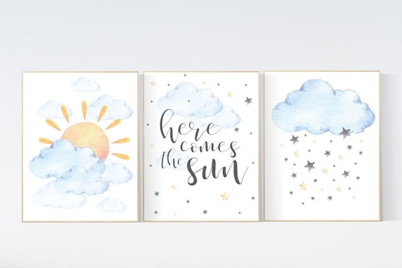 Nursery decor clouds, sunshine nursery, gender neutral nursery wall art, dream big little one, sun, cloud, baby room decor, blue yellow