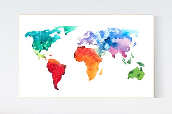 World Map Print, nursery wall art, gender neutral, world map wall art, map nursery, baby room decor, color world map, travel theme nursery