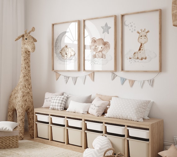 Nursery wall art animals, gray nursery, gender neutral nursery, neutral nursery, baby room decor, bear, elephant, giraffe, animal prints