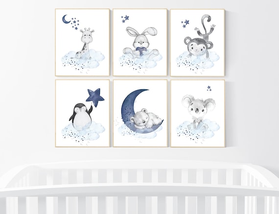 CANVAS LISTING: Nursery decor boy animals, nursery wall art boy, navy blue, animal prints for nursery, navy blue nursery wall decor