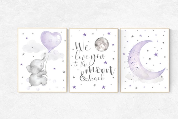 Nursery decor girl lavender and gray, Nursery decor girl purple, elephant nursery, lilac nursery, we love you to the moon and back, purple