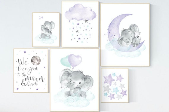 Elephant nursery, nurser decor girl, Purple mint nursery wall art, Nursery decor girl purple, lilac nursery print, lavender, lilac mint