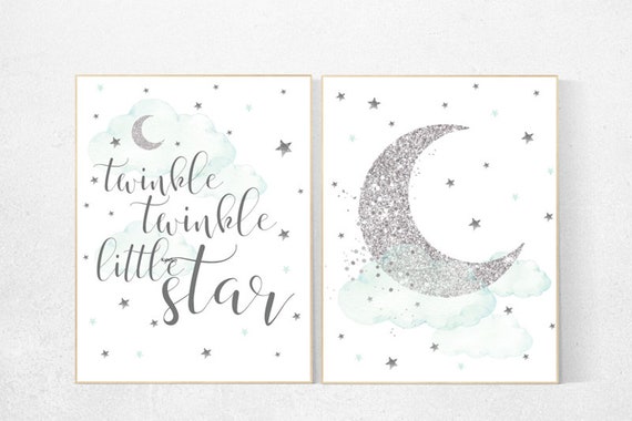 Nursery decor neutral, Mint and gray nursery, mint nursery, gray nursery prints, cloud and star nursery wall art twinkle twinkle little star