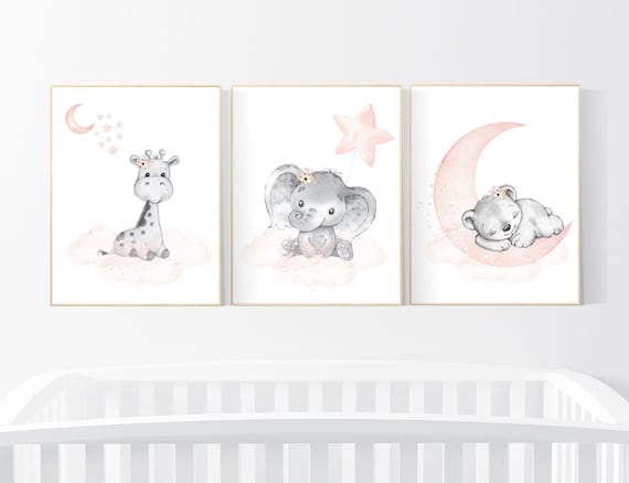 Nursery decor girl animals, blush grey, Animal nursery, nursery decor girl woodland animals, bear, elephant, giraffe, girl nursery ideas