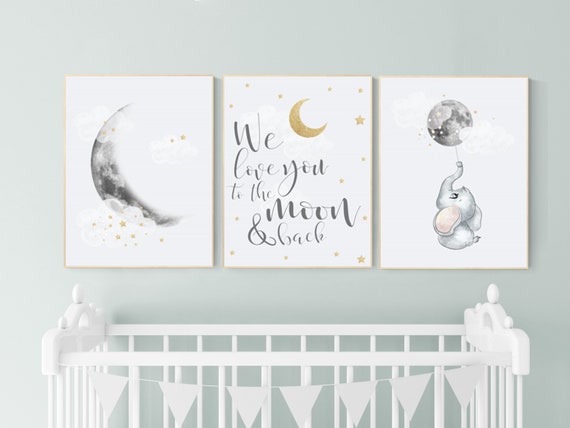 Nursery wall art grey, gray gold nursery, moon nursery, elephant, gender neutral nursery decor, baby room decor gender, moon and stars