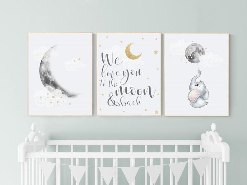 Elephant Moon Nursery Art: Gray & Gold Gender Neutral Prints - Etsy