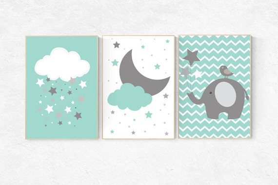 Mint nursery decor, Elephant Nursery Art, mint green nursery wall art, gender neutral, baby room wall art, teal, aqua, cloud and stars