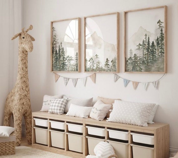 Nursery decor mountain, nursery wall art, tree nursery decor, adventure theme nursery, forest, sage green, beige, woodland animals