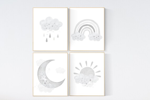 Gray nursery, neutral nursery decor, gray silver, rainbow, cloud, moon, sun, gender neutral, nursery prints, grey nursery wall decor