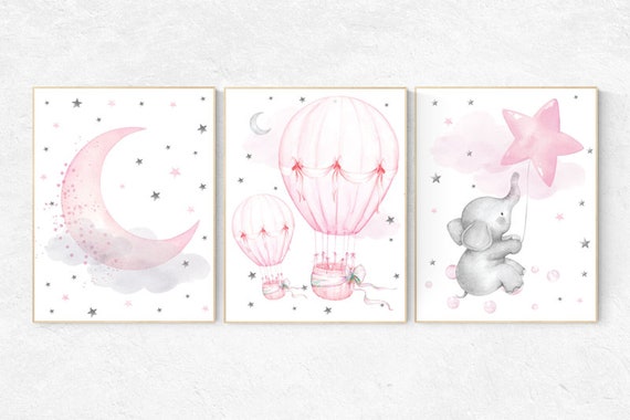 Nursery decor girl elephant, nursery wall art girl , hot air balloon, pink grey, cloud and stars nursery, pink and gray, nursery prints girl