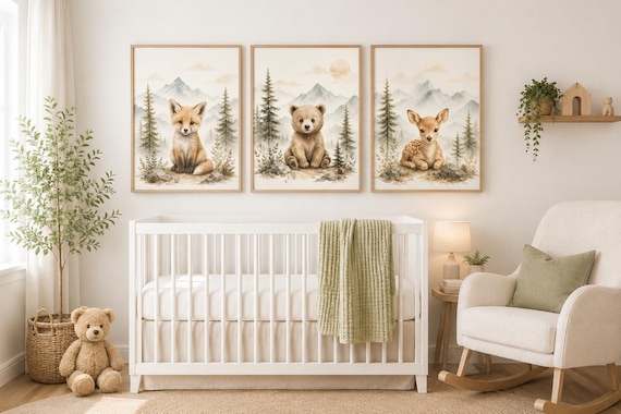Woodland Mountain Nursery Wall Art Set of 3, Fox Bear Deer Prints, Neutral Forest Animal