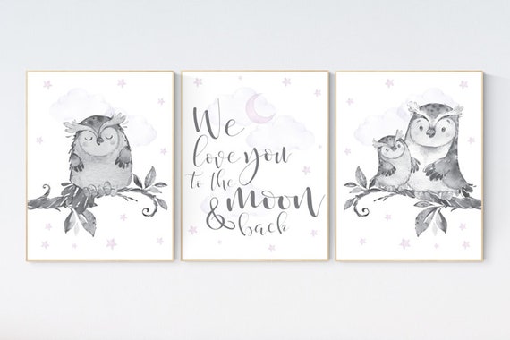 Nursery decor girl lilac, Nursery decor owl, lilac nursery, nursery art, owl nursery, lavender, we love you to the moon and back, purple