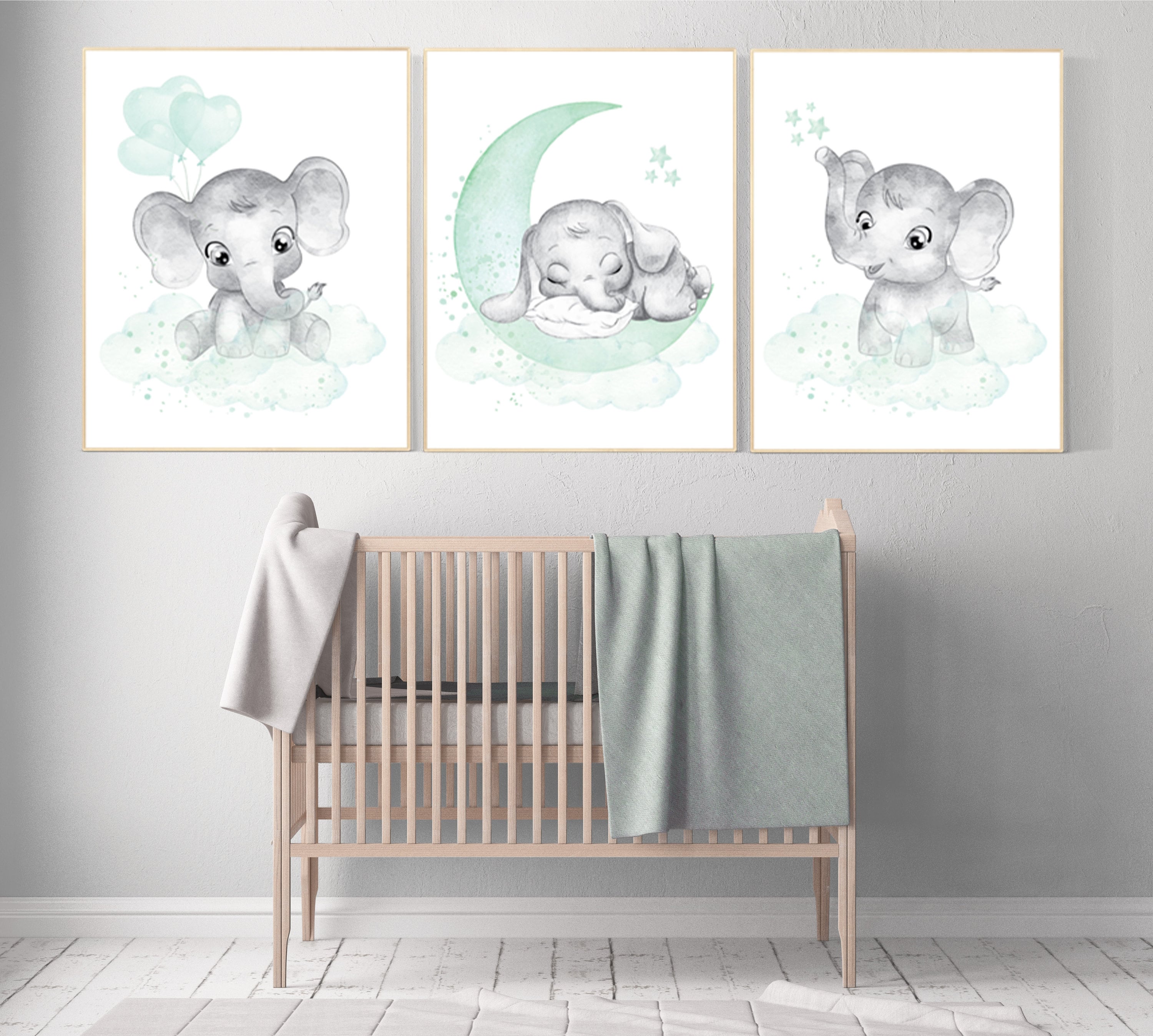 Elephant nursery art, elephant nursery print, mint nursery decor, moon