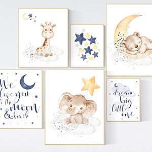Nursery wall art animals, navy yellow gray, gender neutral, nursery wall art boy, navy Blue, elephant, giraffe, bear, navy yellow grey