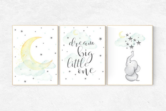 Mint and yellow nursery, nursery decor elephant, dream big, nursery decor neutral, nursery decor boy teal, cloud and star nursery, teal