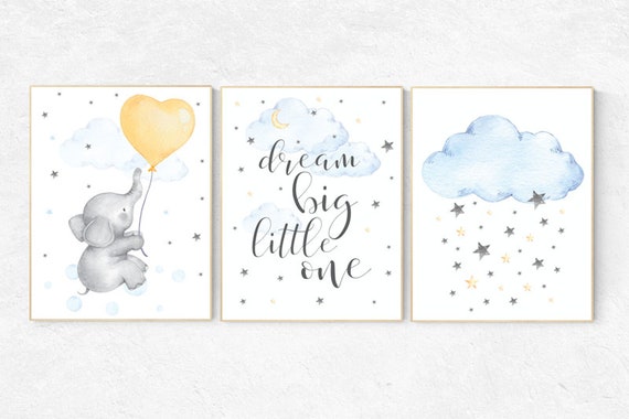 Nursery wall art elephant, dream big little one, cloud nursery decor, Nursery decor neutral, moon and stars, gender neutral nursery prints