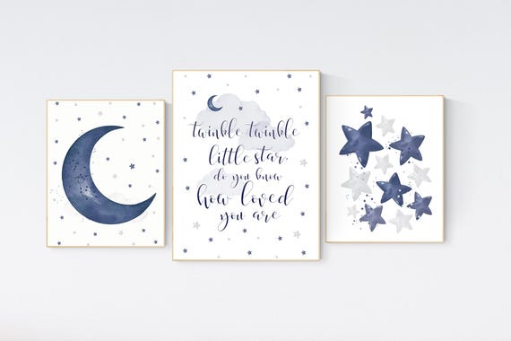 Nursery decor boy, navy nursery decor, moon and stars, twinkle twinkle little star, navy blue nursery art, baby boy nursery art, navy blue