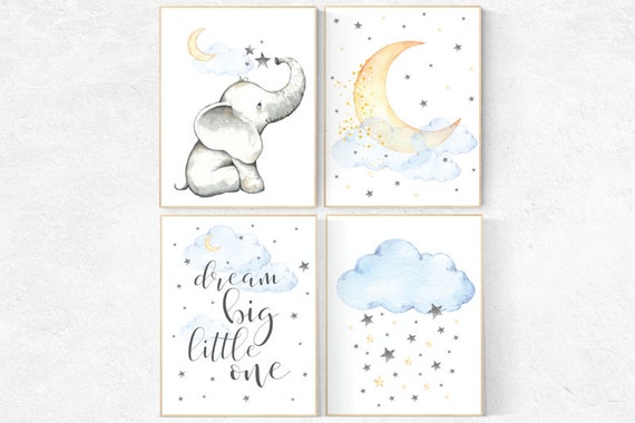 Nursery decor elephant, gender neutral, dream big little one, moon and cloud nursery decor, Nursery decor neutral, yellow blue, twin nursery