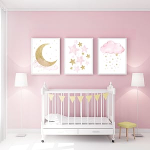 Nursery wall art girl, baby room decor girl gold and pink, moon and star, baby room decor, girl nursery wall art, star nursery, gold nursery